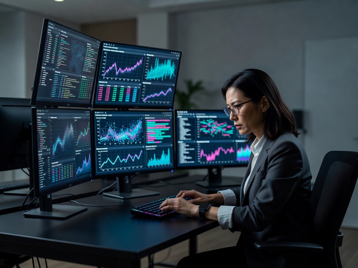 Data analyst examining multi-monitors