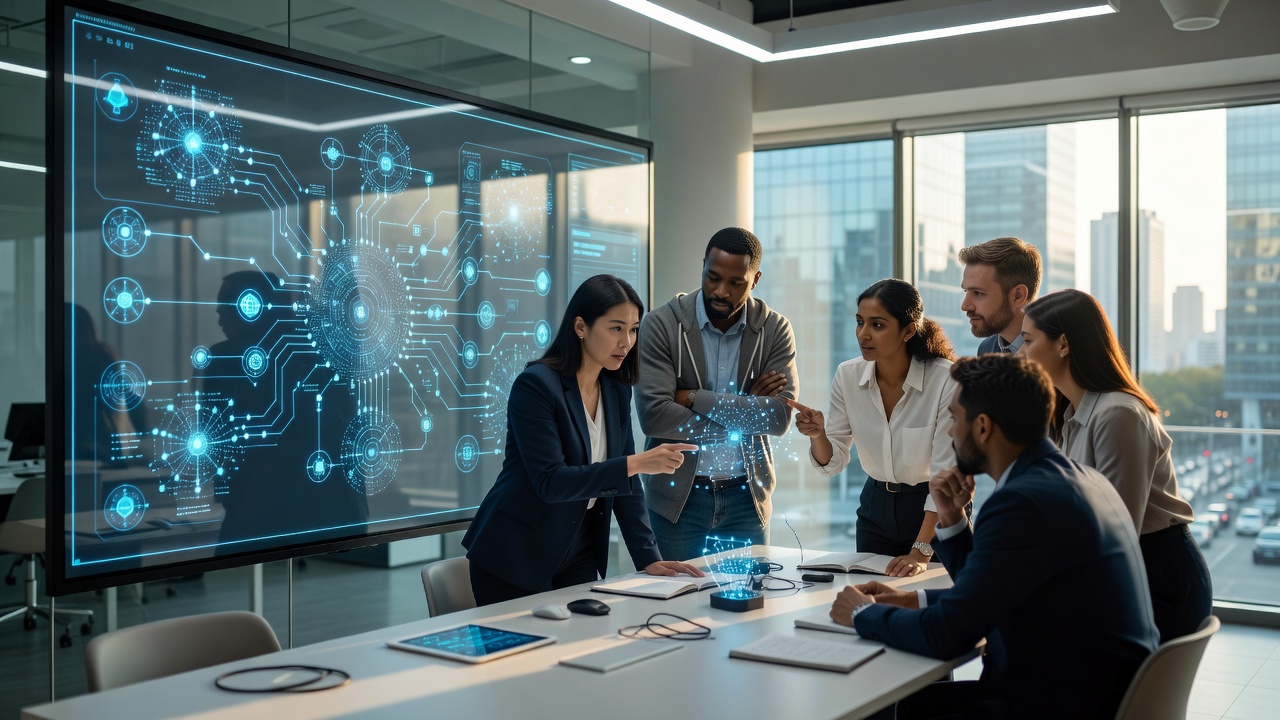 Team analyzing future artificial intelligence skill maps